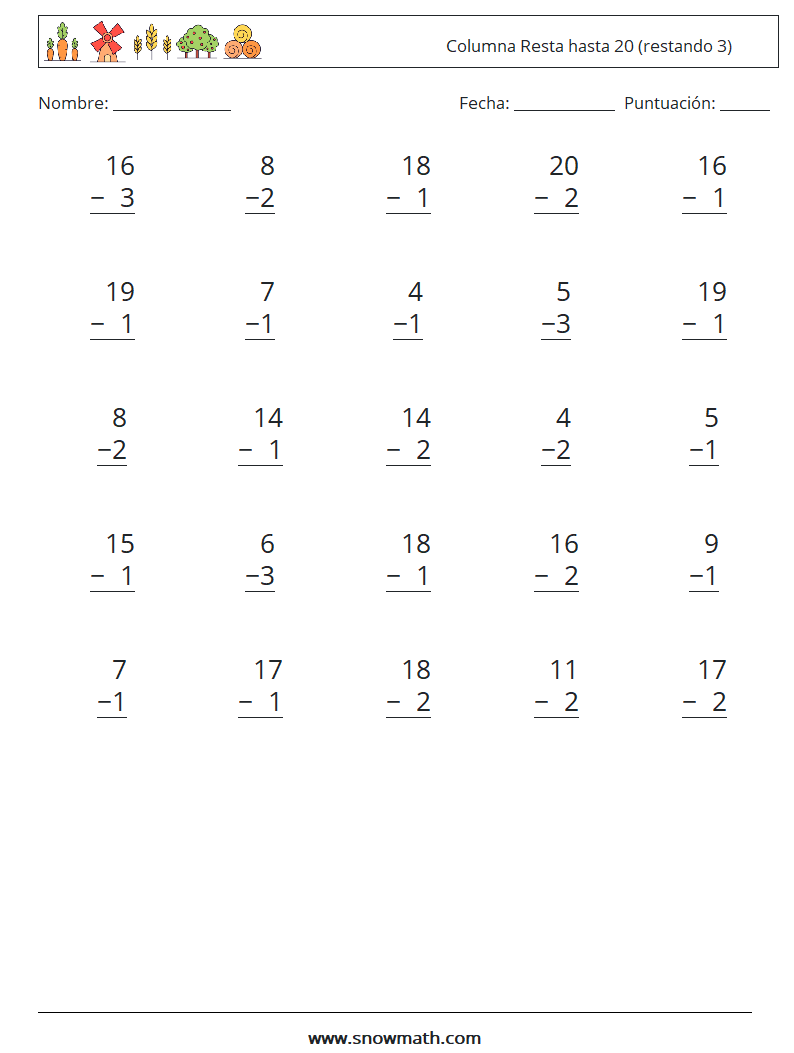 (25) Columna Resta hasta 20 (restando 3) Hojas de trabajo de matemáticas 6