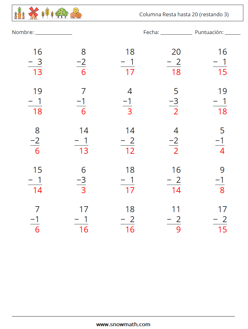 (25) Columna Resta hasta 20 (restando 3) Hojas de trabajo de matemáticas 6 Pregunta, respuesta