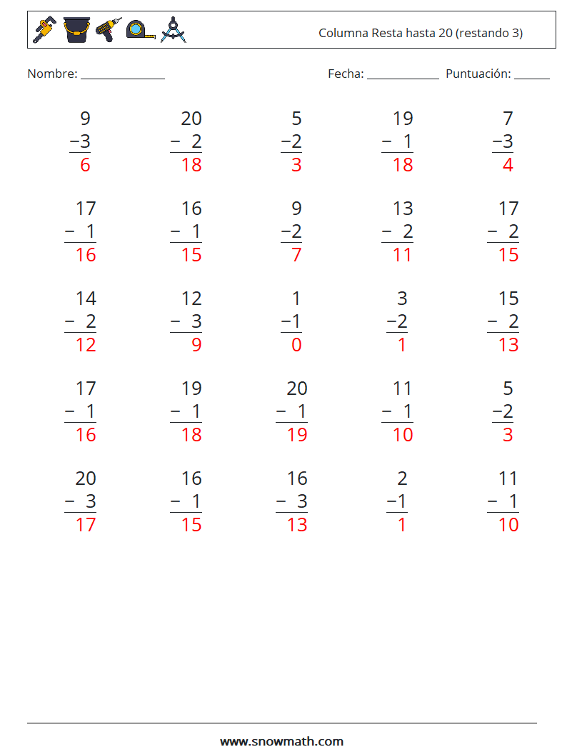 (25) Columna Resta hasta 20 (restando 3) Hojas de trabajo de matemáticas 7 Pregunta, respuesta