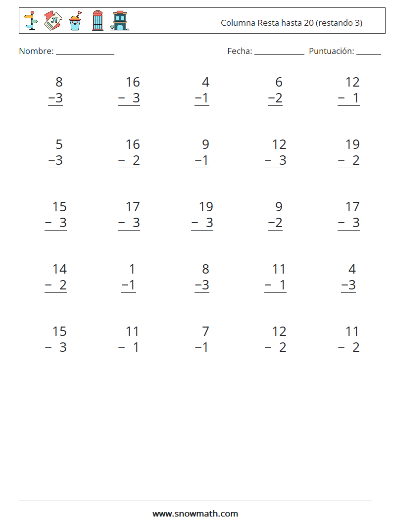 (25) Columna Resta hasta 20 (restando 3) Hojas de trabajo de matemáticas 8