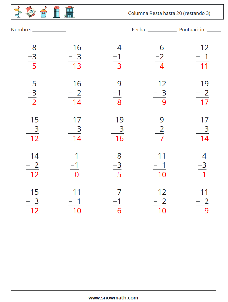 (25) Columna Resta hasta 20 (restando 3) Hojas de trabajo de matemáticas 8 Pregunta, respuesta