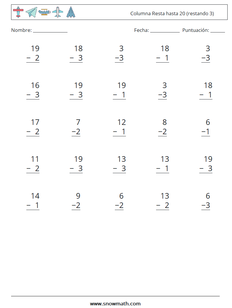 (25) Columna Resta hasta 20 (restando 3) Hojas de trabajo de matemáticas 9