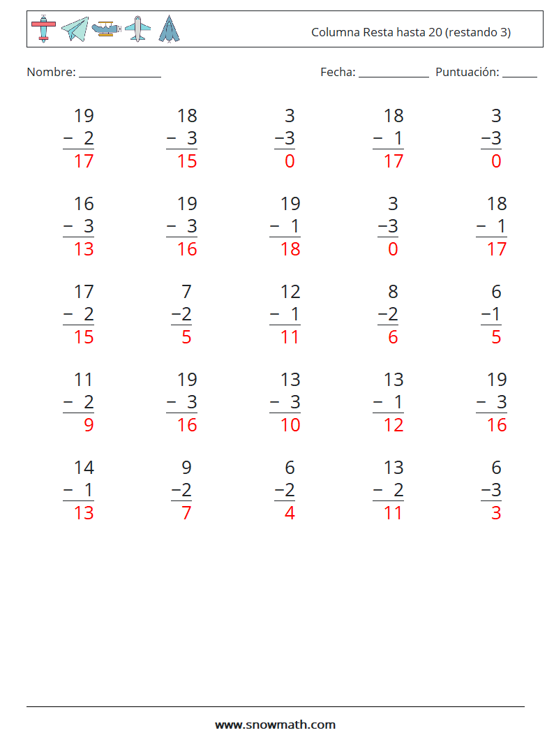 (25) Columna Resta hasta 20 (restando 3) Hojas de trabajo de matemáticas 9 Pregunta, respuesta