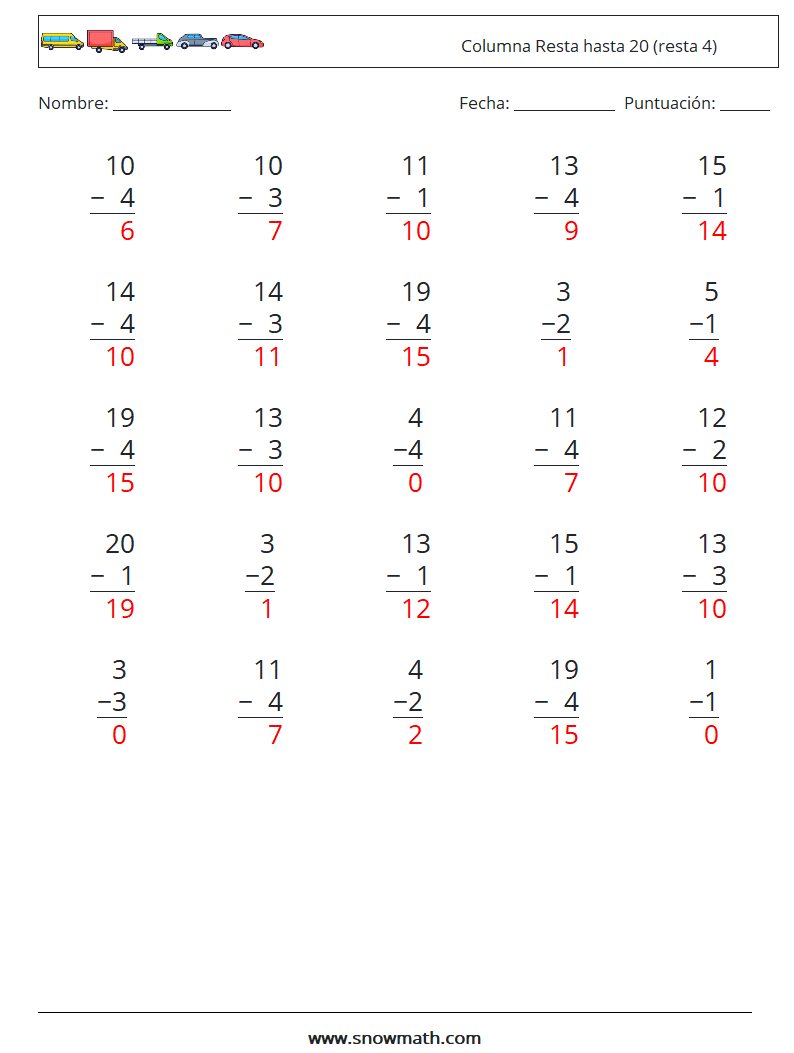 (25) Columna Resta hasta 20 (resta 4) Hojas de trabajo de matemáticas 10 Pregunta, respuesta