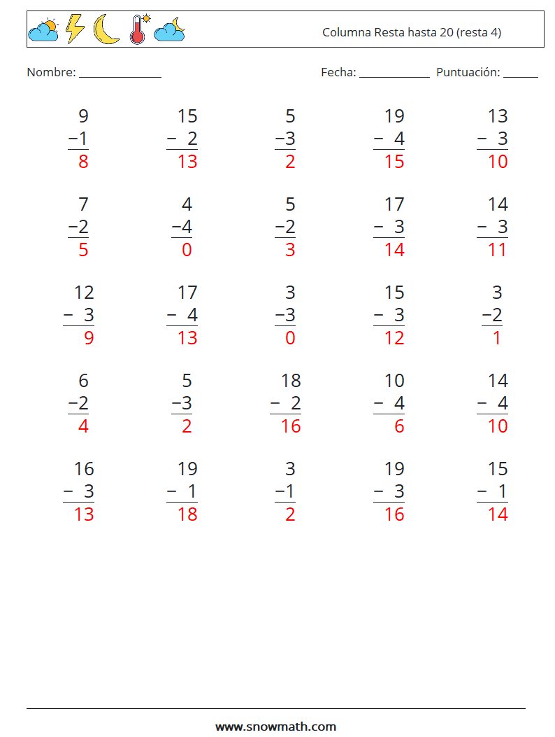 (25) Columna Resta hasta 20 (resta 4) Hojas de trabajo de matemáticas 12 Pregunta, respuesta