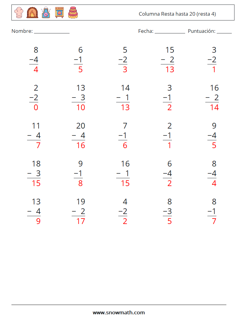 (25) Columna Resta hasta 20 (resta 4) Hojas de trabajo de matemáticas 13 Pregunta, respuesta