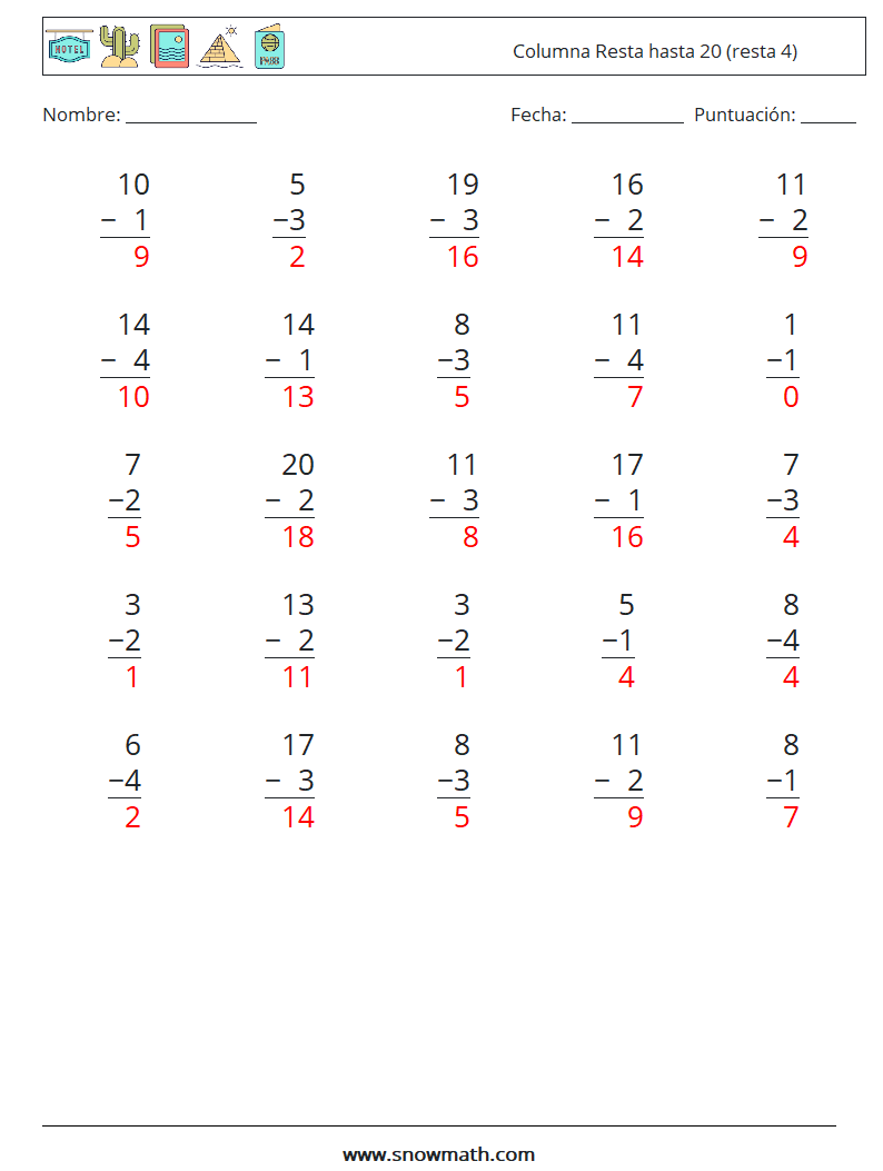 (25) Columna Resta hasta 20 (resta 4) Hojas de trabajo de matemáticas 15 Pregunta, respuesta