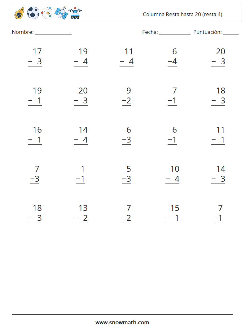 (25) Columna Resta hasta 20 (resta 4) Hojas de trabajo de matemáticas 16