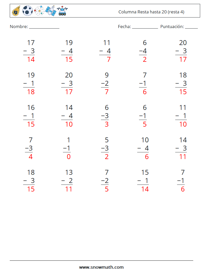 (25) Columna Resta hasta 20 (resta 4) Hojas de trabajo de matemáticas 16 Pregunta, respuesta