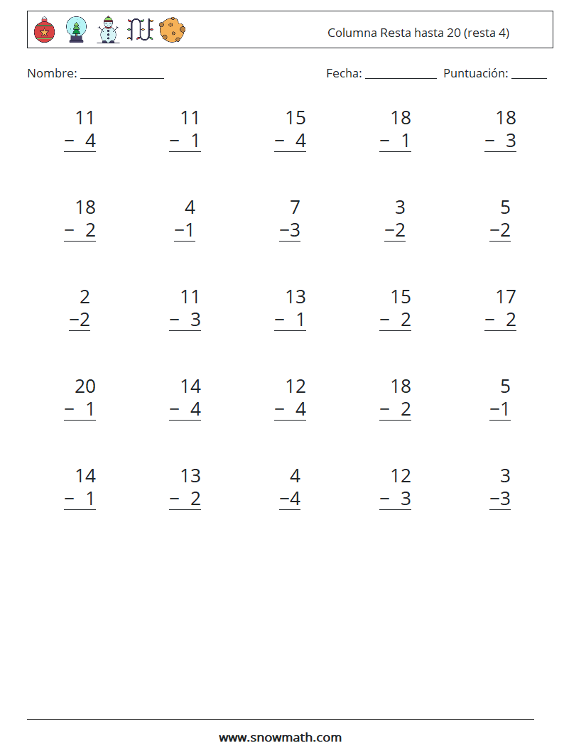 (25) Columna Resta hasta 20 (resta 4) Hojas de trabajo de matemáticas 17