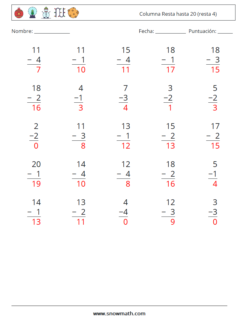 (25) Columna Resta hasta 20 (resta 4) Hojas de trabajo de matemáticas 17 Pregunta, respuesta