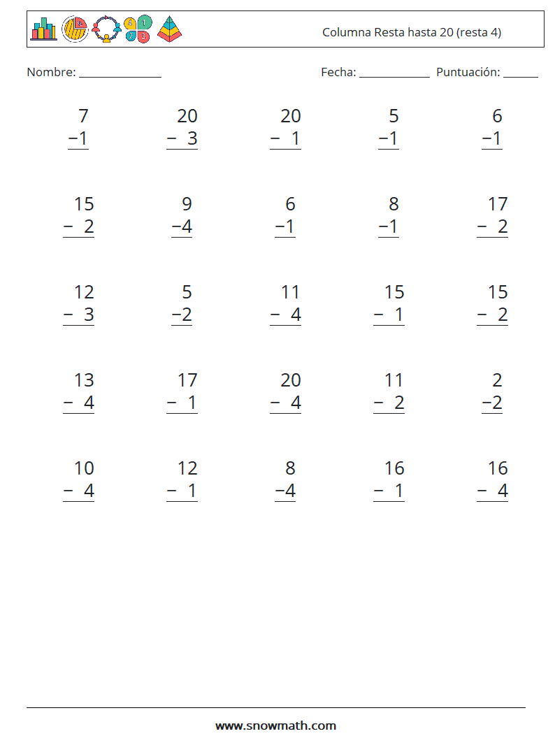 (25) Columna Resta hasta 20 (resta 4) Hojas de trabajo de matemáticas 18