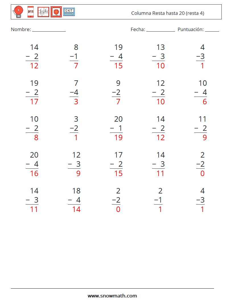 (25) Columna Resta hasta 20 (resta 4) Hojas de trabajo de matemáticas 1 Pregunta, respuesta