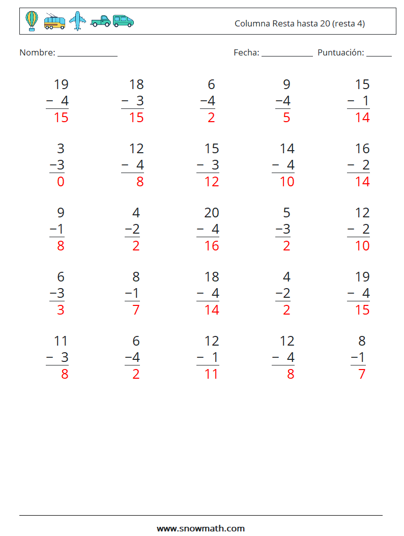 (25) Columna Resta hasta 20 (resta 4) Hojas de trabajo de matemáticas 3 Pregunta, respuesta