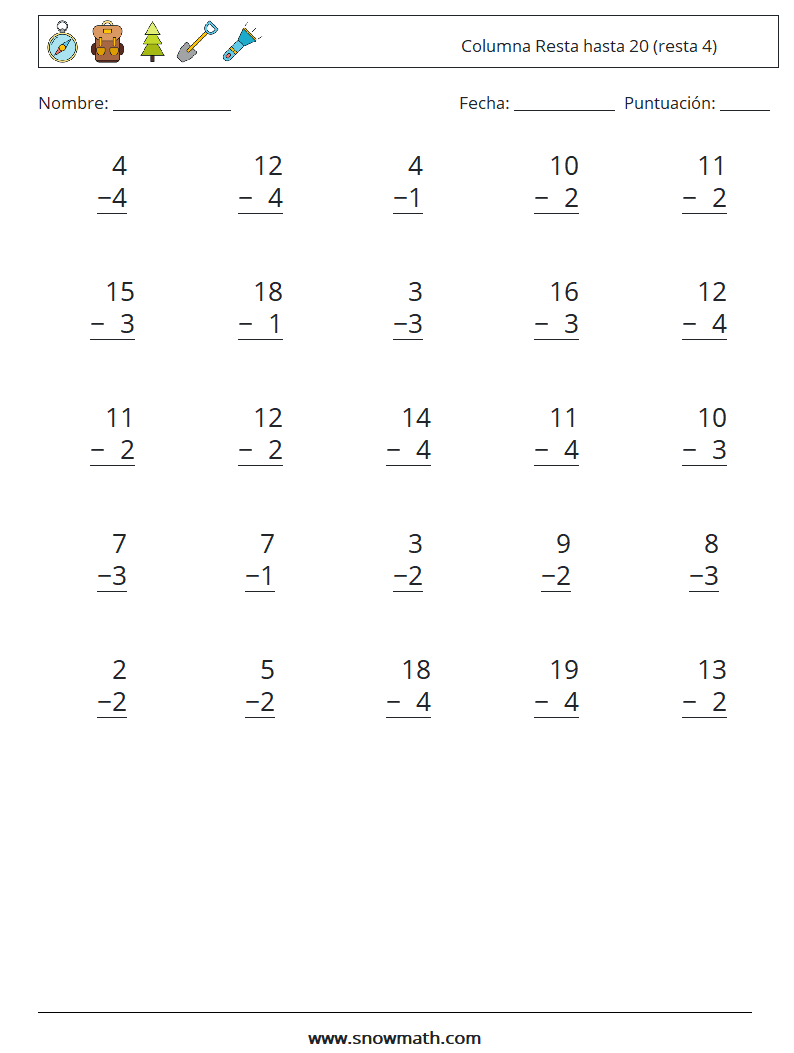 (25) Columna Resta hasta 20 (resta 4) Hojas de trabajo de matemáticas 4