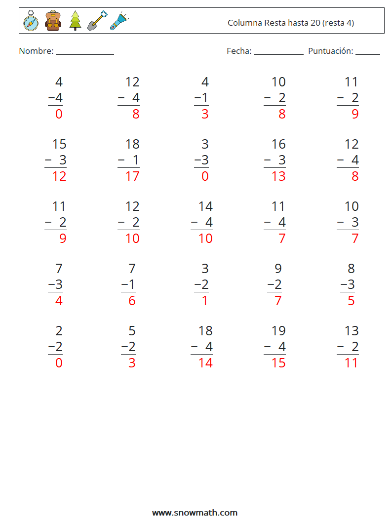 (25) Columna Resta hasta 20 (resta 4) Hojas de trabajo de matemáticas 4 Pregunta, respuesta