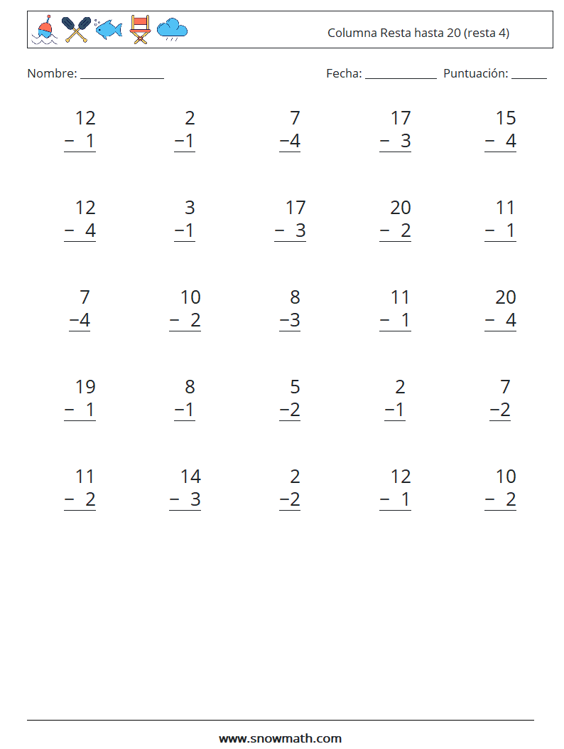 (25) Columna Resta hasta 20 (resta 4) Hojas de trabajo de matemáticas 5