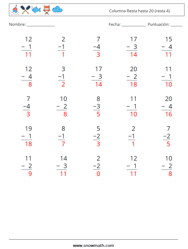 (25) Columna Resta hasta 20 (resta 4) Hojas de trabajo de matemáticas 5 Pregunta, respuesta