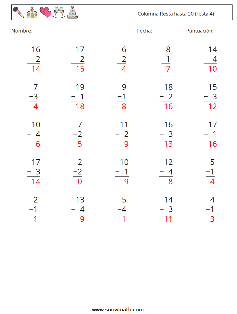 (25) Columna Resta hasta 20 (resta 4) Hojas de trabajo de matemáticas 6 Pregunta, respuesta