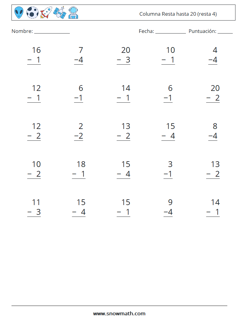 (25) Columna Resta hasta 20 (resta 4) Hojas de trabajo de matemáticas 7