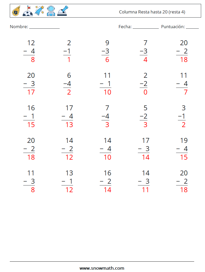 (25) Columna Resta hasta 20 (resta 4) Hojas de trabajo de matemáticas 8 Pregunta, respuesta