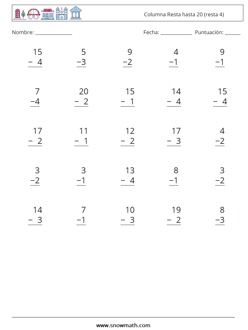 (25) Columna Resta hasta 20 (resta 4) Hojas de trabajo de matemáticas 9