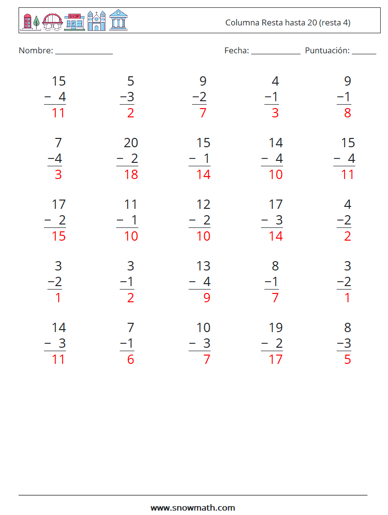 (25) Columna Resta hasta 20 (resta 4) Hojas de trabajo de matemáticas 9 Pregunta, respuesta