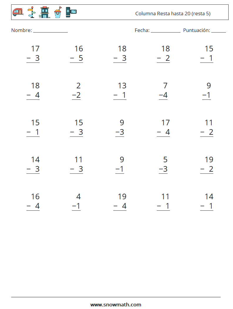 (25) Columna Resta hasta 20 (resta 5) Hojas de trabajo de matemáticas 11