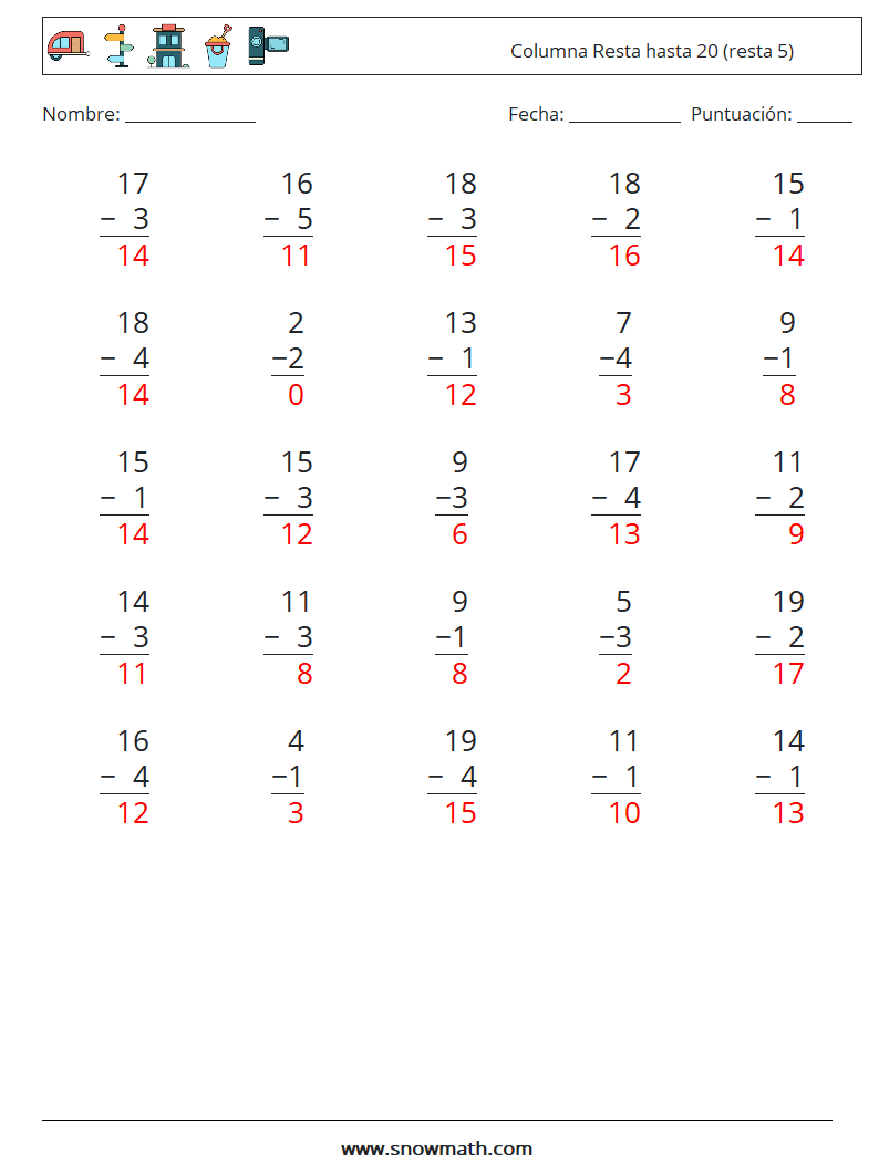 (25) Columna Resta hasta 20 (resta 5) Hojas de trabajo de matemáticas 11 Pregunta, respuesta