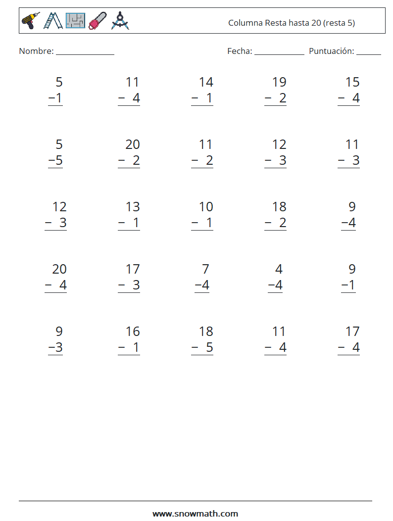 (25) Columna Resta hasta 20 (resta 5) Hojas de trabajo de matemáticas 13