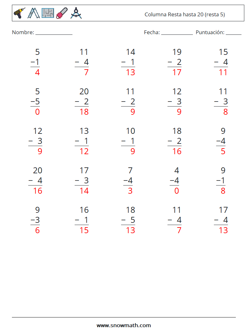 (25) Columna Resta hasta 20 (resta 5) Hojas de trabajo de matemáticas 13 Pregunta, respuesta