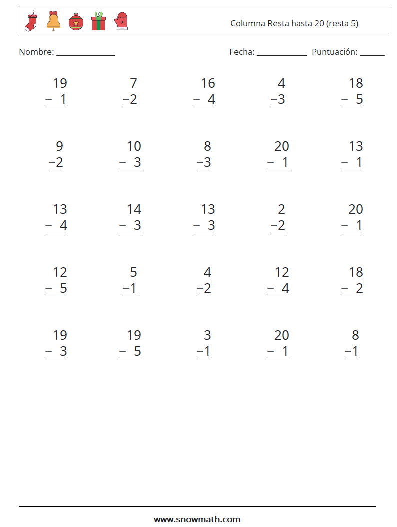 (25) Columna Resta hasta 20 (resta 5) Hojas de trabajo de matemáticas 14