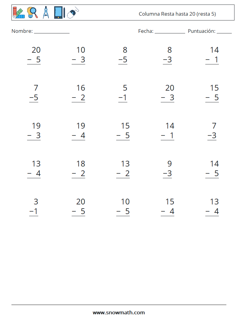 (25) Columna Resta hasta 20 (resta 5) Hojas de trabajo de matemáticas 16