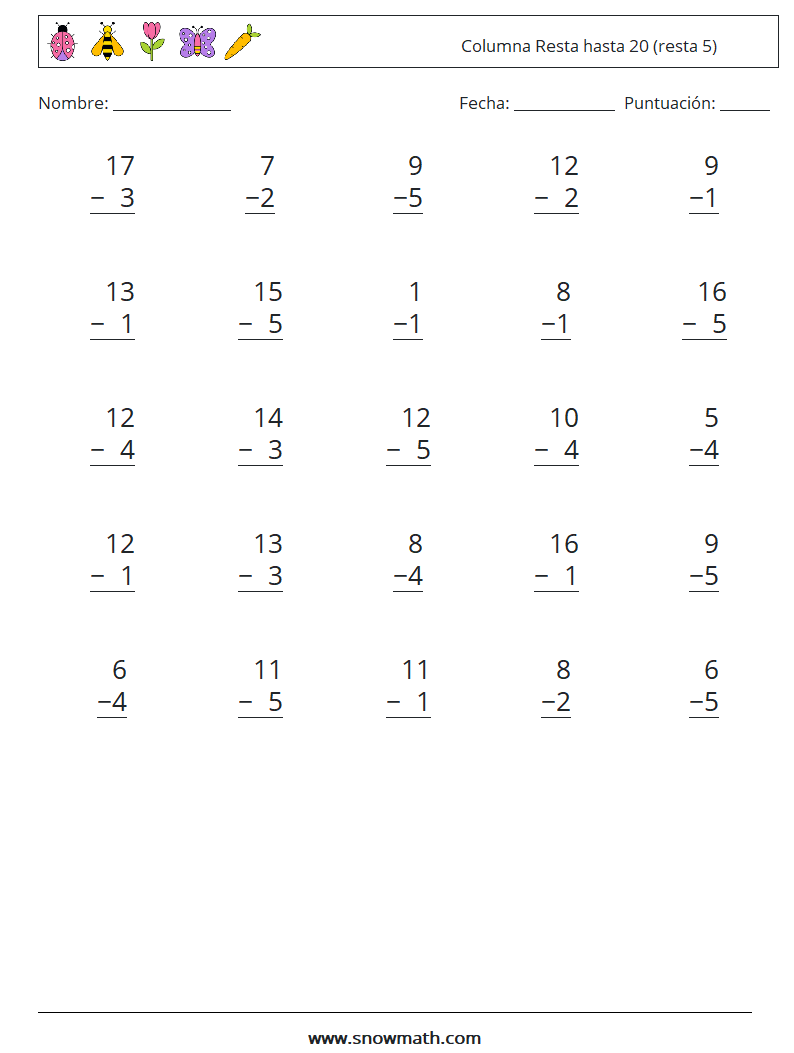 (25) Columna Resta hasta 20 (resta 5) Hojas de trabajo de matemáticas 17