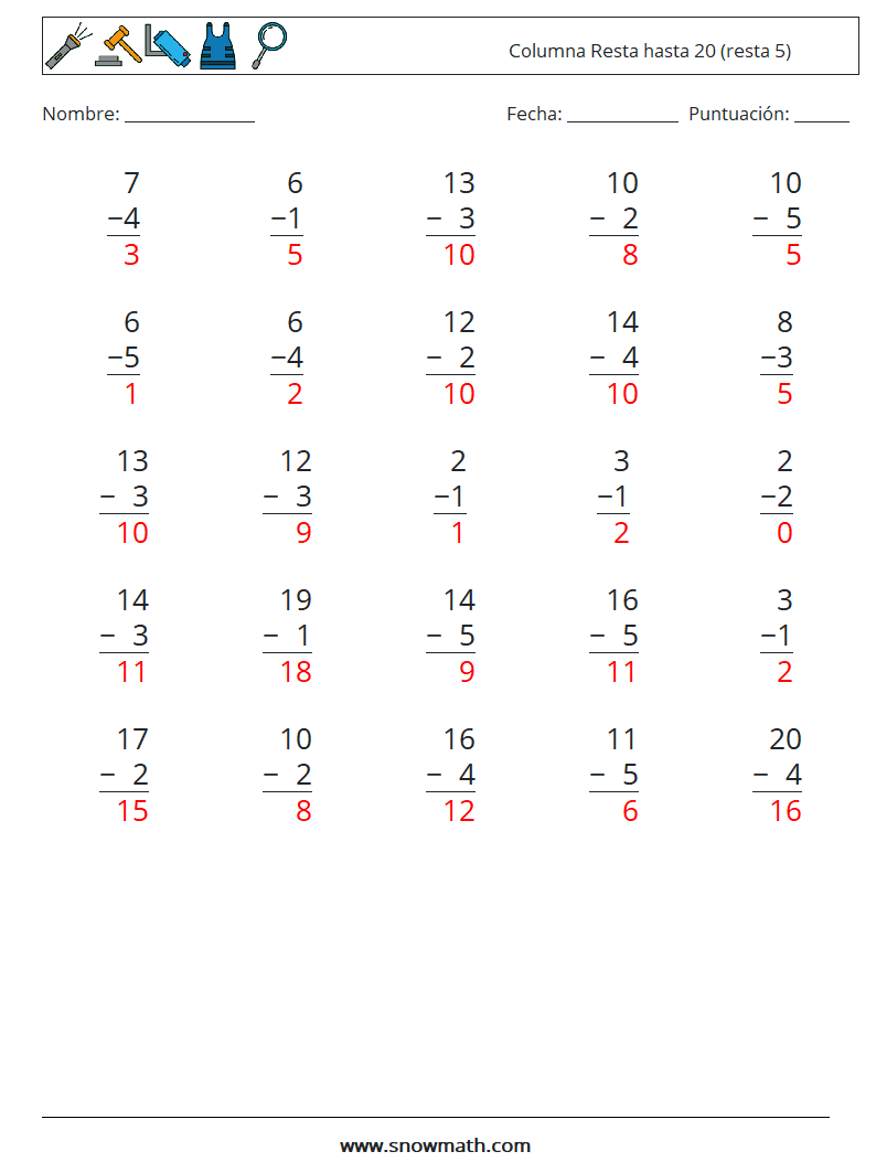 (25) Columna Resta hasta 20 (resta 5) Hojas de trabajo de matemáticas 18 Pregunta, respuesta