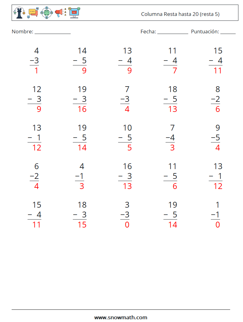 (25) Columna Resta hasta 20 (resta 5) Hojas de trabajo de matemáticas 1 Pregunta, respuesta