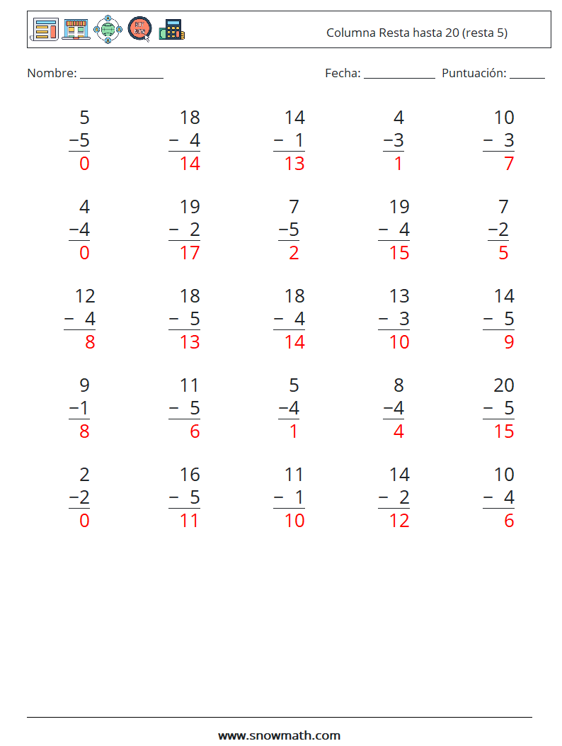 (25) Columna Resta hasta 20 (resta 5) Hojas de trabajo de matemáticas 2 Pregunta, respuesta