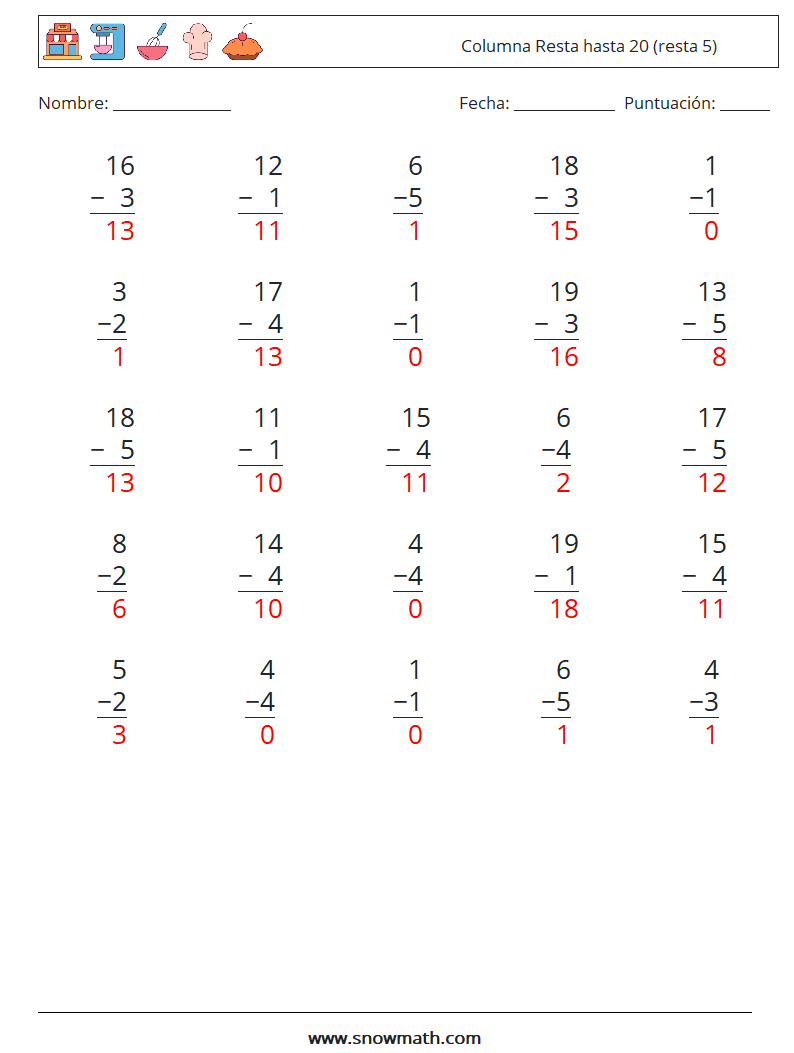 (25) Columna Resta hasta 20 (resta 5) Hojas de trabajo de matemáticas 3 Pregunta, respuesta