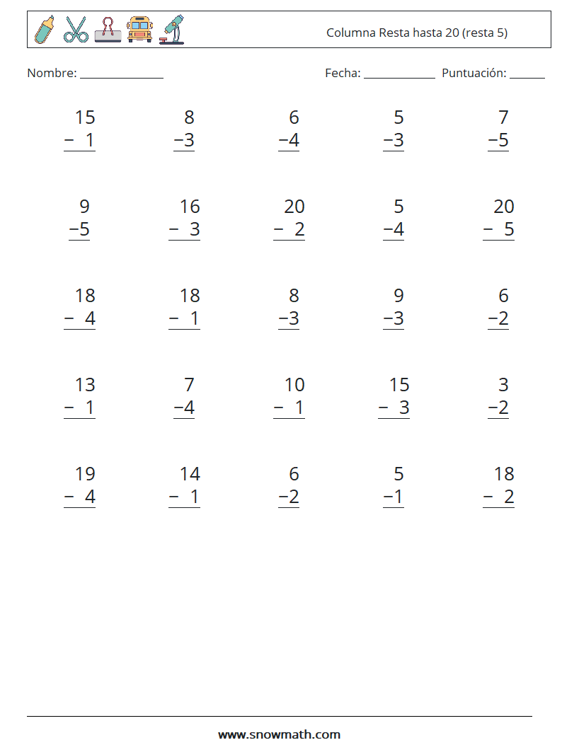 (25) Columna Resta hasta 20 (resta 5) Hojas de trabajo de matemáticas 4