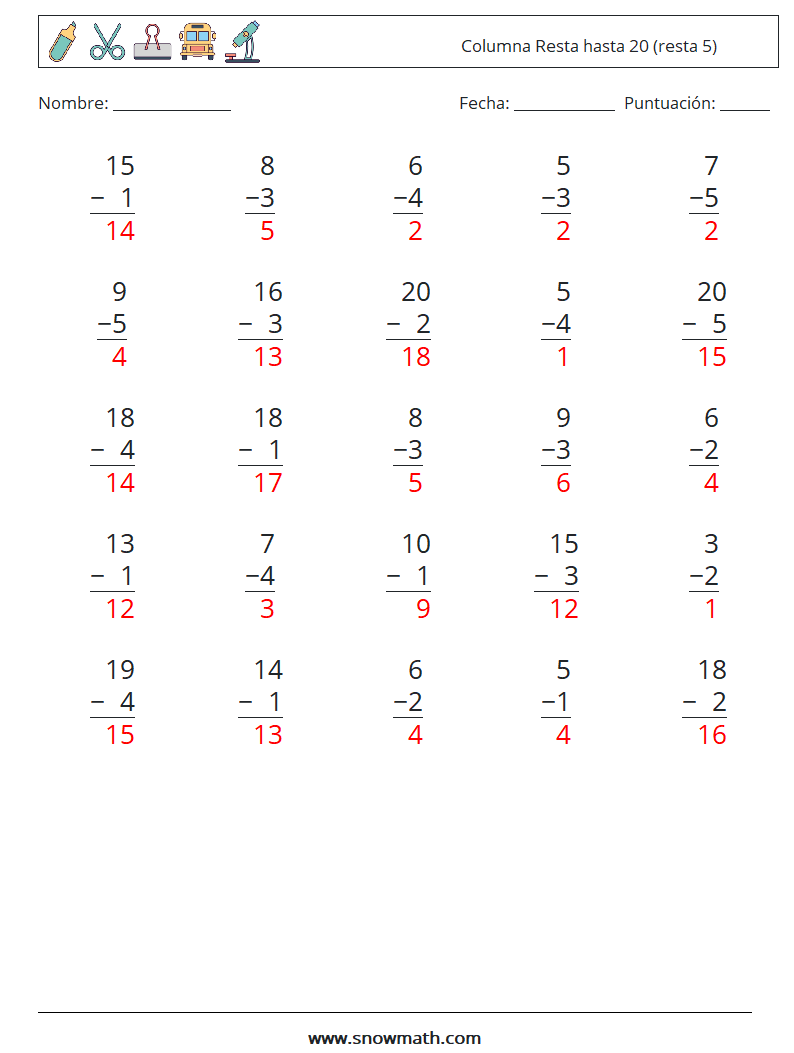 (25) Columna Resta hasta 20 (resta 5) Hojas de trabajo de matemáticas 4 Pregunta, respuesta