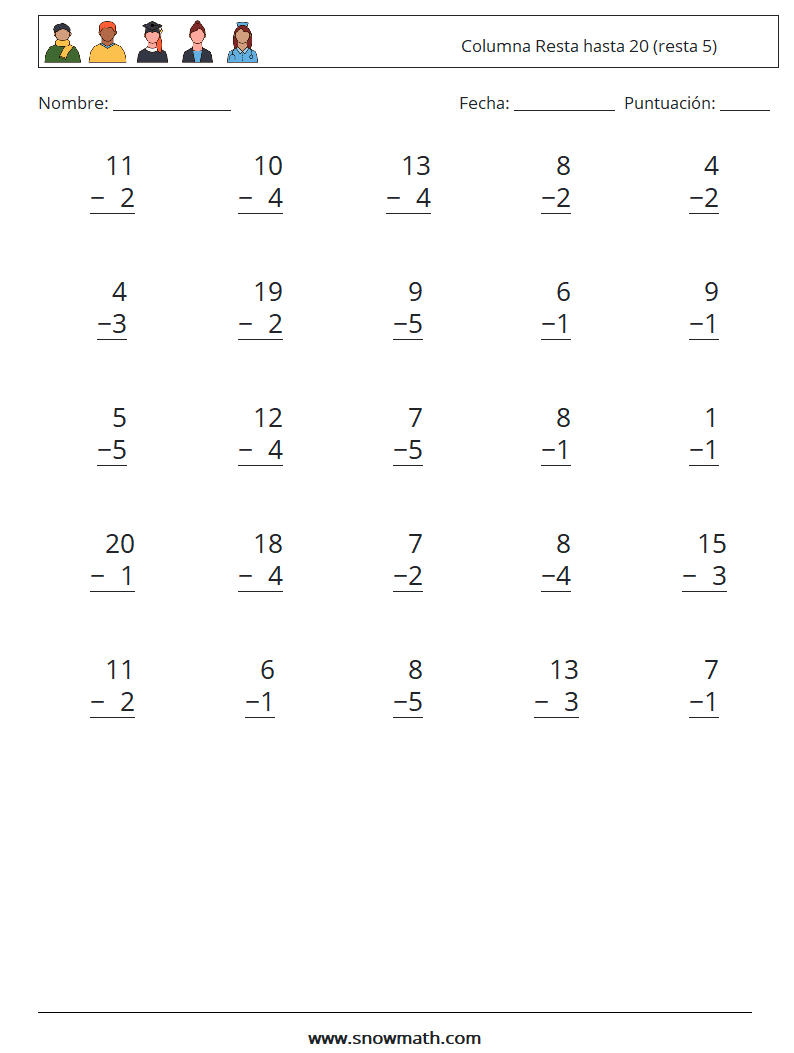 (25) Columna Resta hasta 20 (resta 5) Hojas de trabajo de matemáticas 5