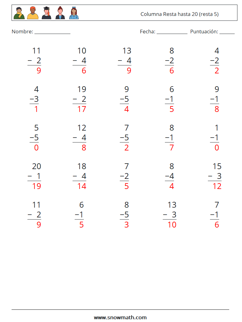 (25) Columna Resta hasta 20 (resta 5) Hojas de trabajo de matemáticas 5 Pregunta, respuesta