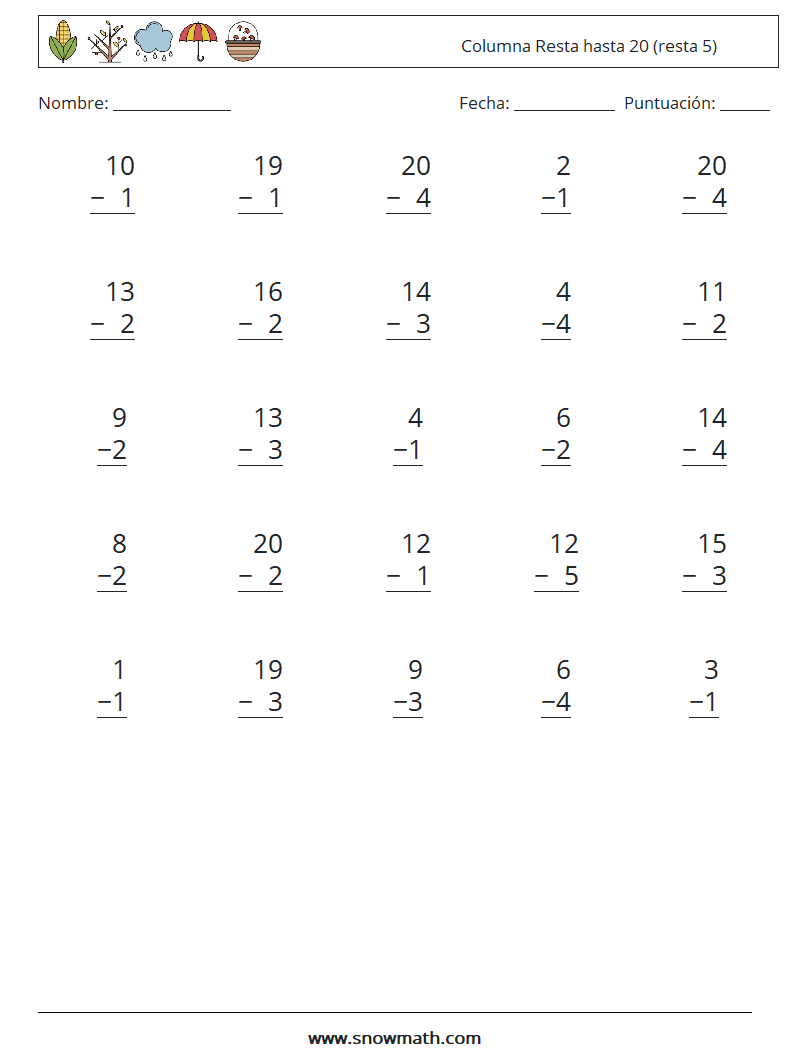 (25) Columna Resta hasta 20 (resta 5) Hojas de trabajo de matemáticas 7