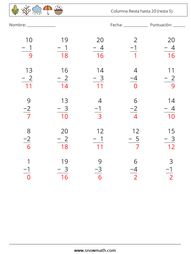 (25) Columna Resta hasta 20 (resta 5) Hojas de trabajo de matemáticas 7 Pregunta, respuesta