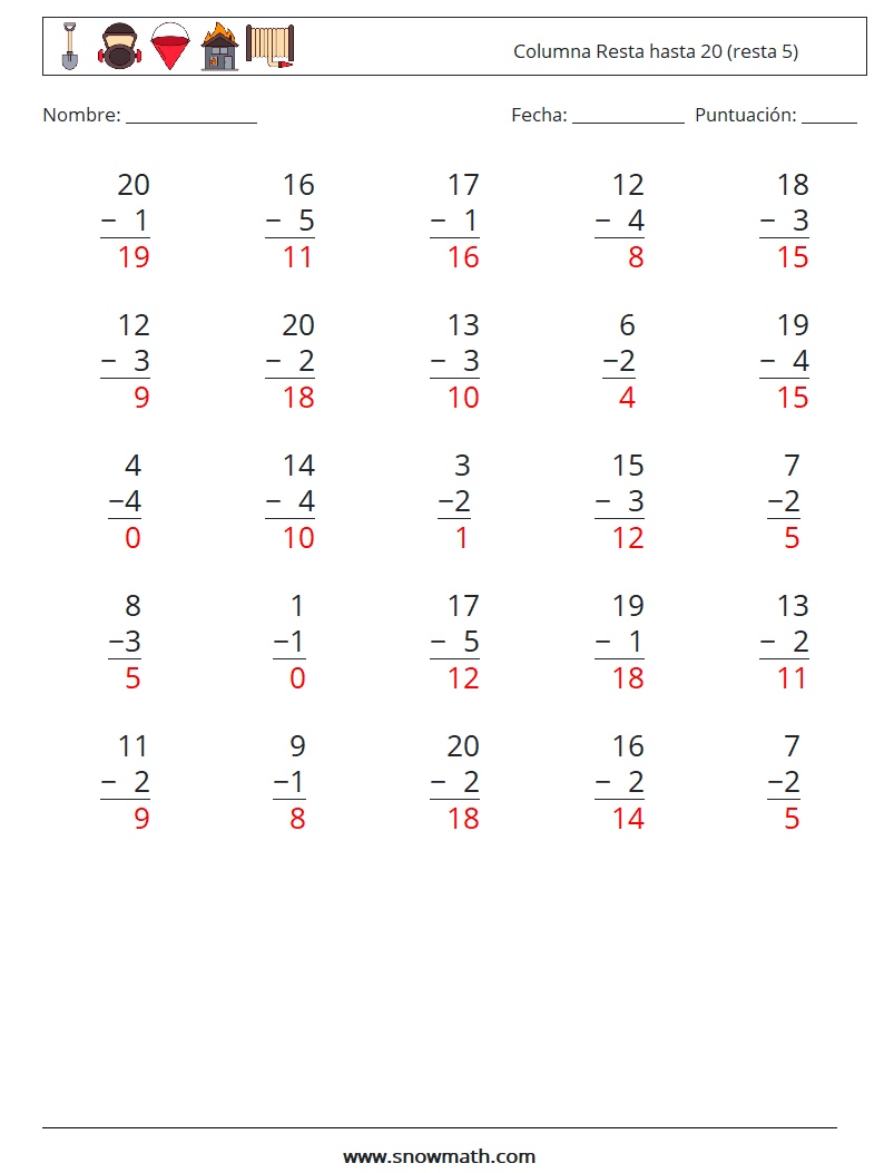 (25) Columna Resta hasta 20 (resta 5) Hojas de trabajo de matemáticas 8 Pregunta, respuesta