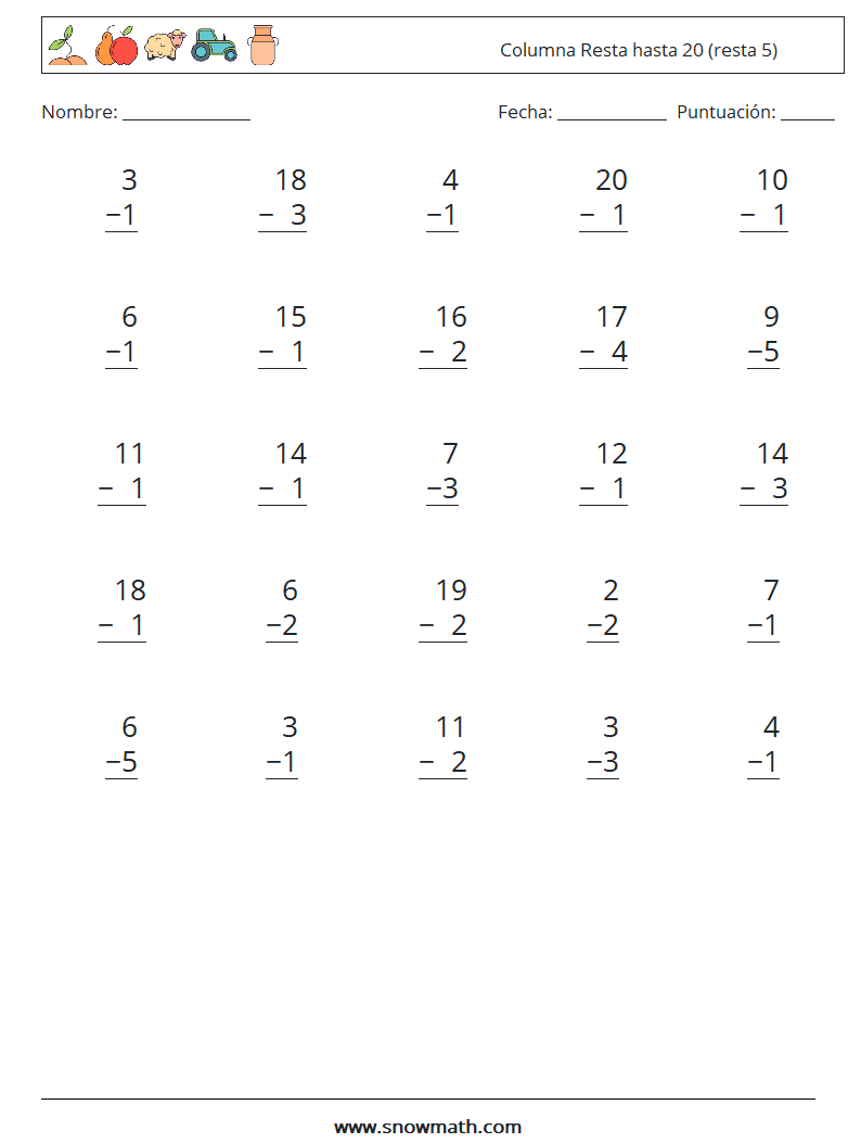 (25) Columna Resta hasta 20 (resta 5) Hojas de trabajo de matemáticas 9