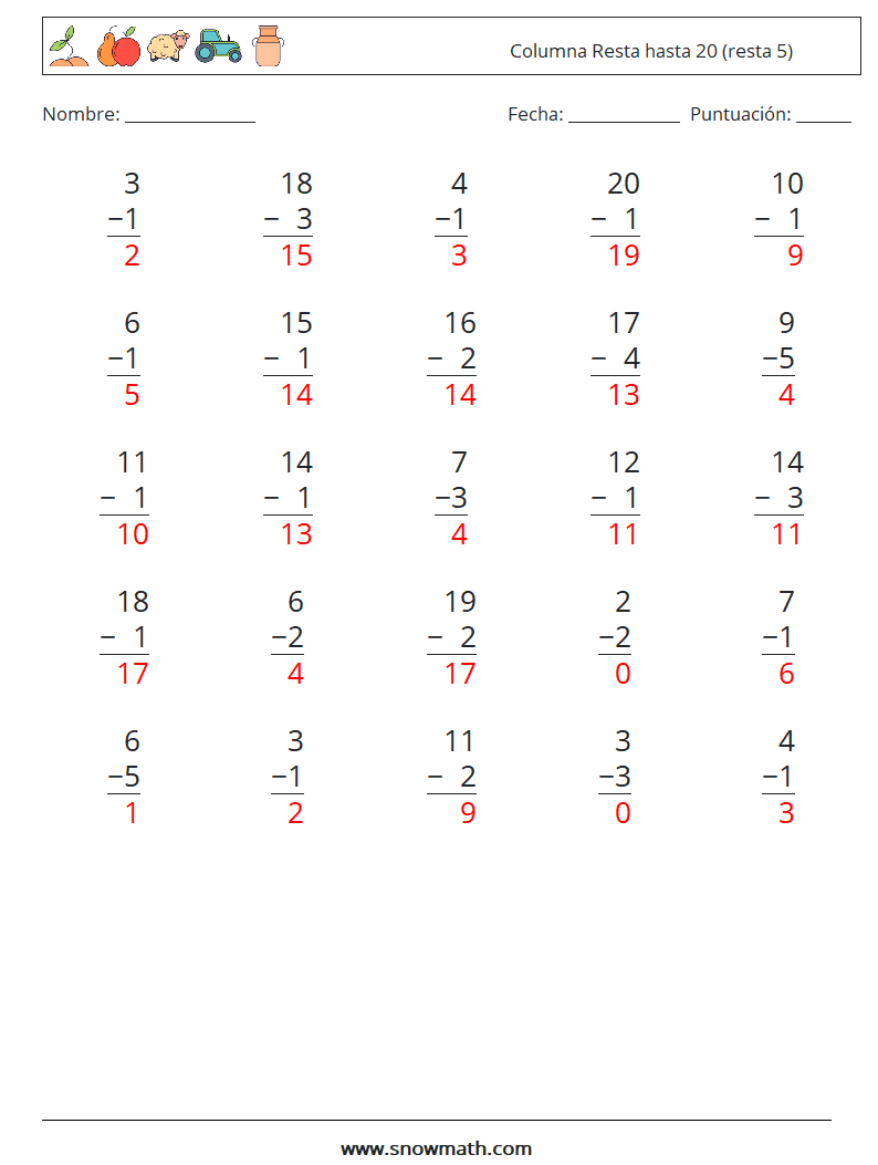 (25) Columna Resta hasta 20 (resta 5) Hojas de trabajo de matemáticas 9 Pregunta, respuesta