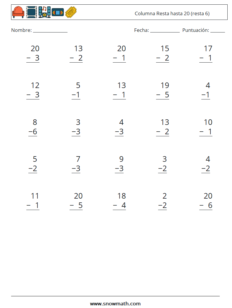 (25) Columna Resta hasta 20 (resta 6) Hojas de trabajo de matemáticas 1