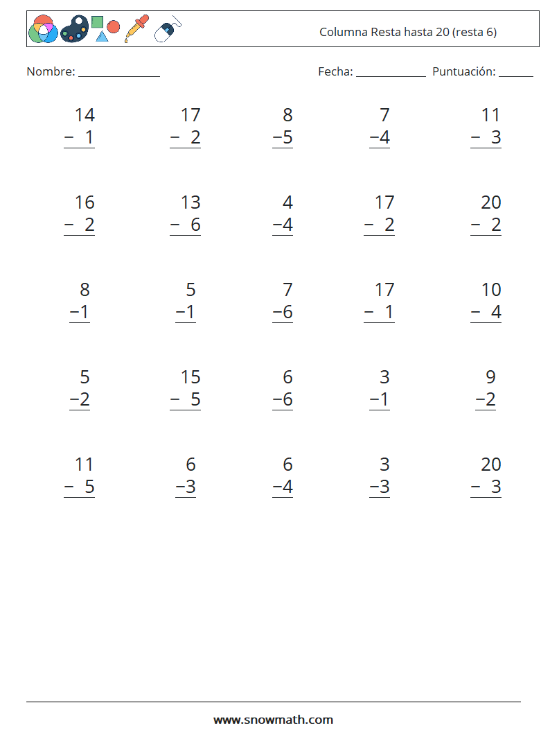 (25) Columna Resta hasta 20 (resta 6) Hojas de trabajo de matemáticas 10