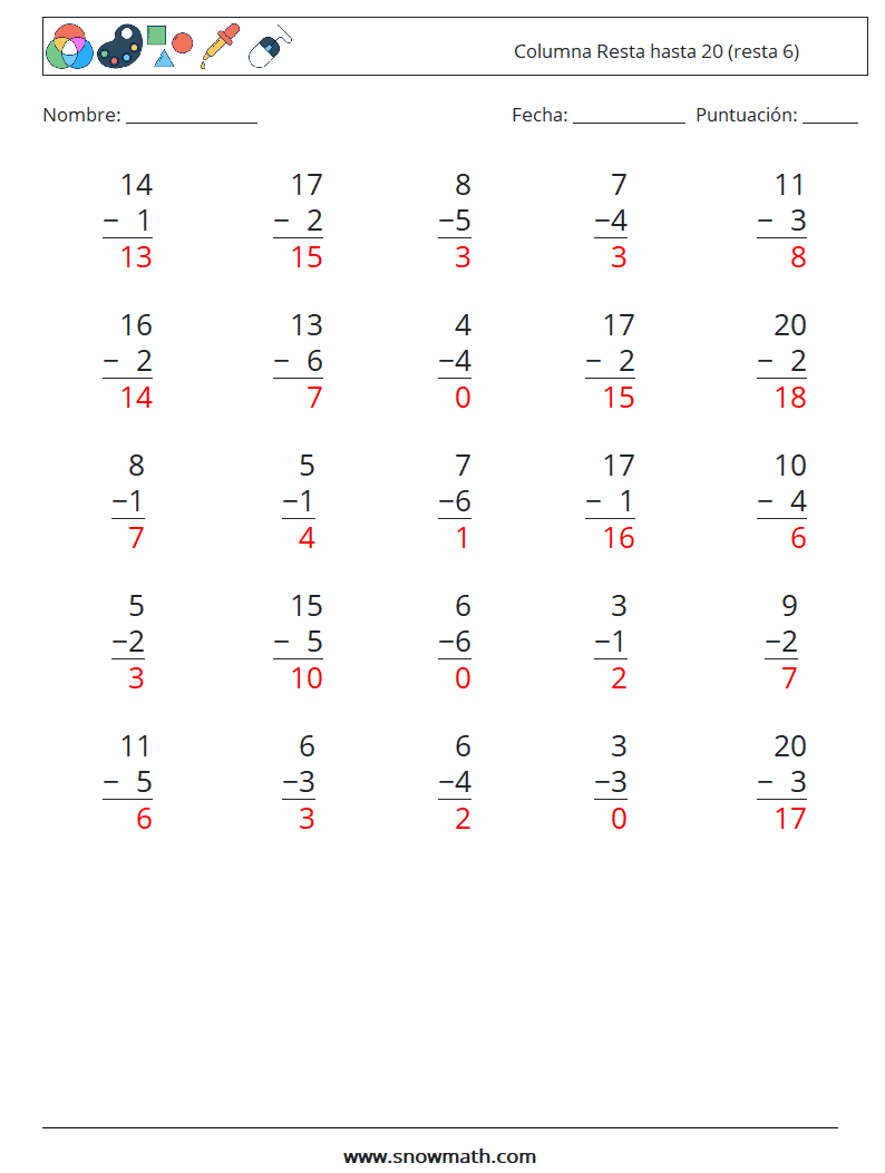 (25) Columna Resta hasta 20 (resta 6) Hojas de trabajo de matemáticas 10 Pregunta, respuesta